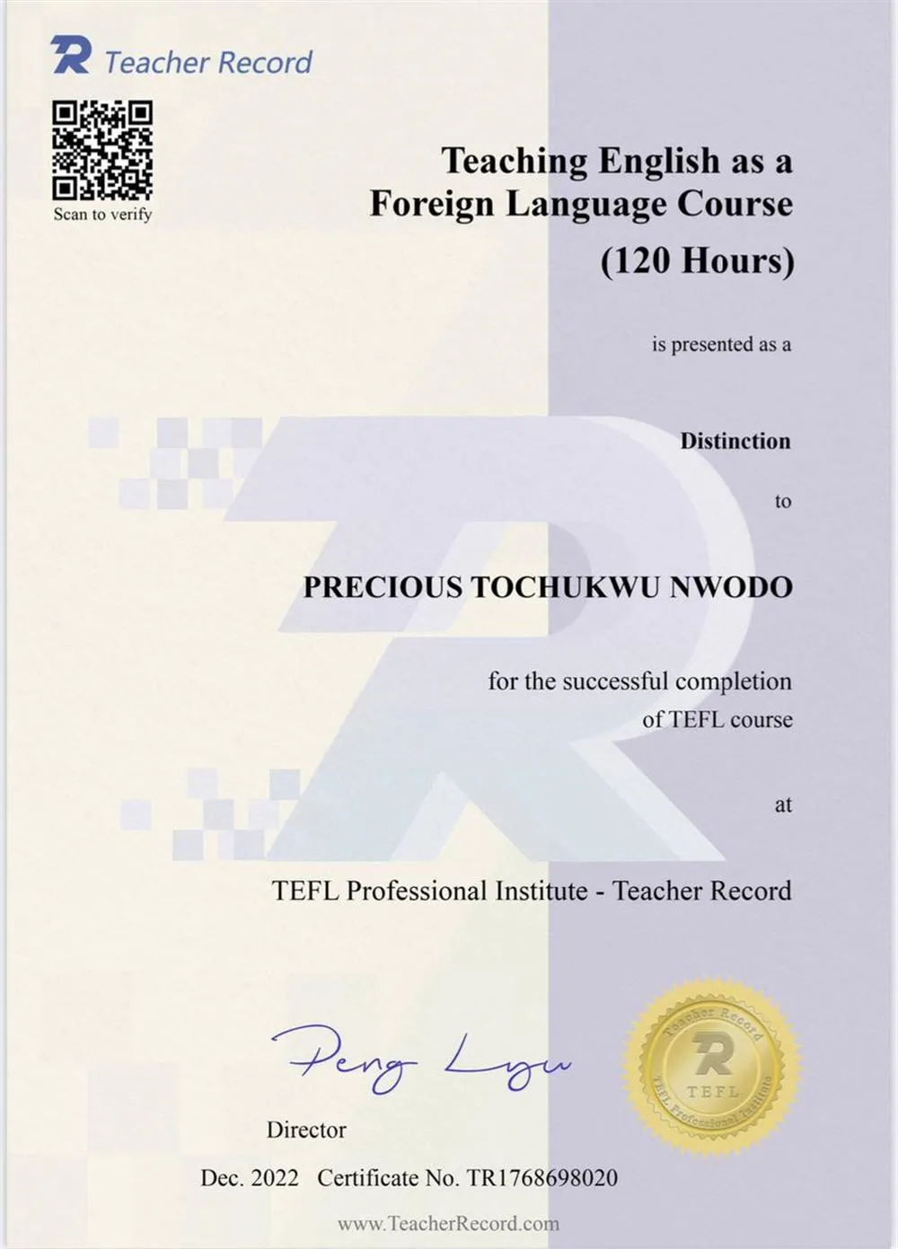 Certificate: TEFL Professional Institute- Teacher Record 