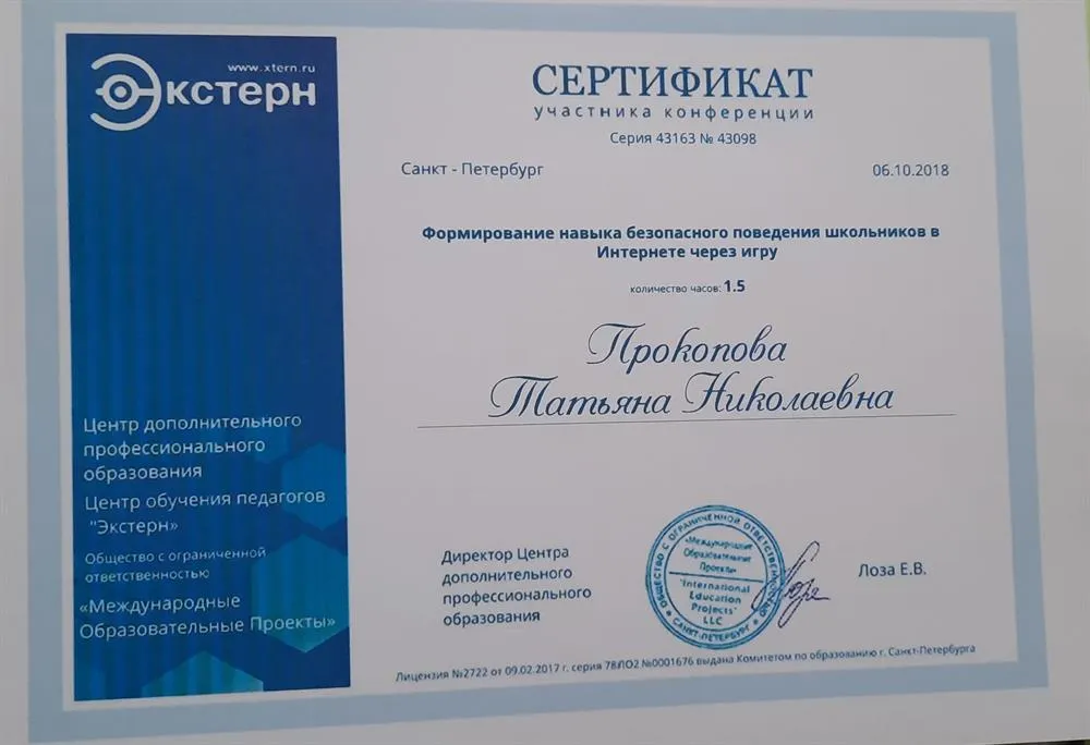 Сертификат. Формирование навыка безопасного поведения школьников в интернете через игру
