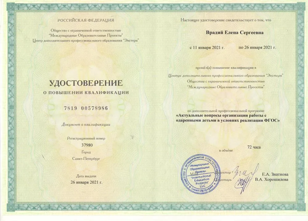 Удостоверение (работа с одаренными детьми)