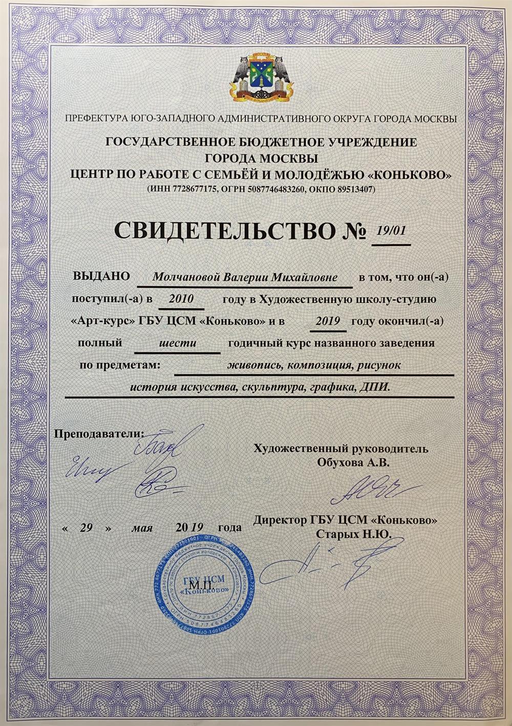 Свидетельство об окончании художественной школы 