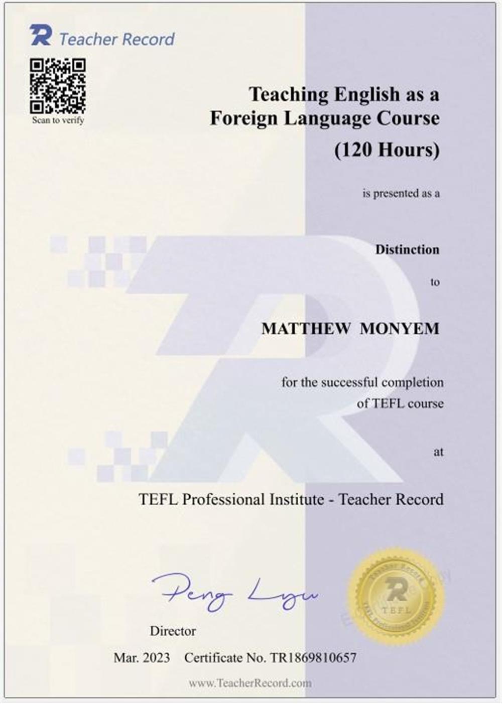 Teacher Record TEFL Certificate