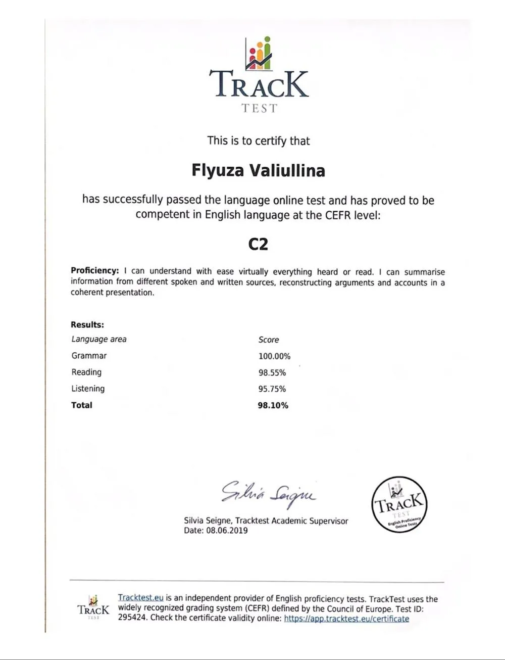 Track-test Certificate 