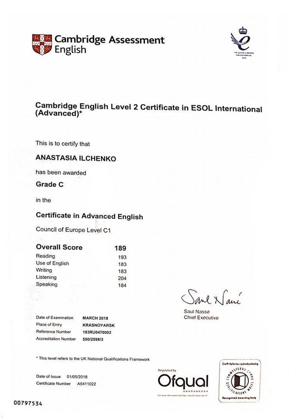 Cambridge English Level 2 Certificate in ESOL International (Advanced)
