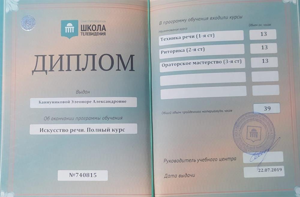 Диплом об окончании программы обучения "Искусство речи. Полный курс"