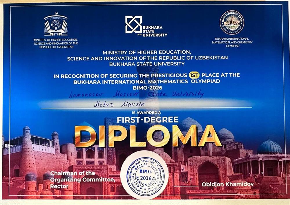 диплом победителя 1-й степени в индивидуальном этапе Buhara International math olimp (Узбекистан - 2026)
