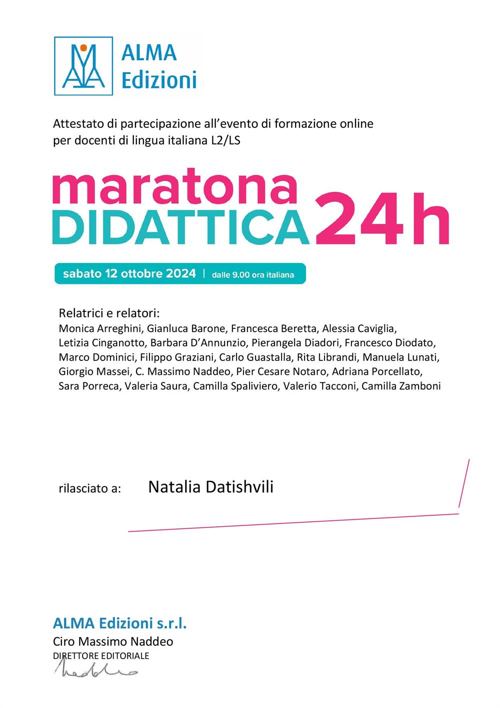 Maratona Didattica di casa edittrice Alma Edizioni, certificato di partecipazione