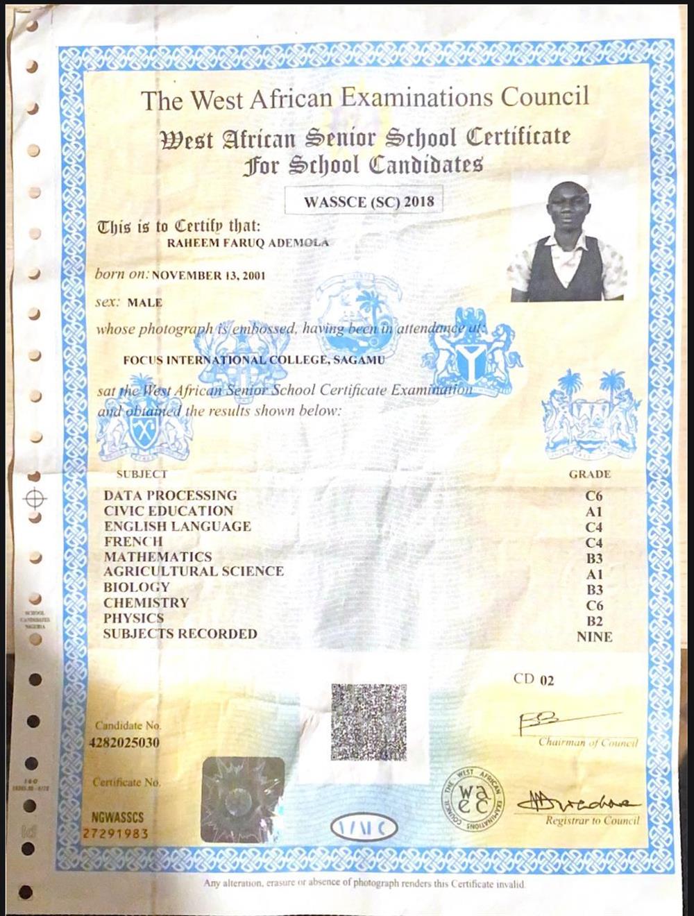 Сертификат west african examination