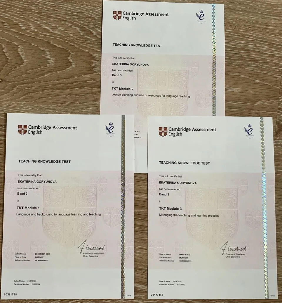 Сертификаты о сдаче международного экзамена для преподавателей TKT