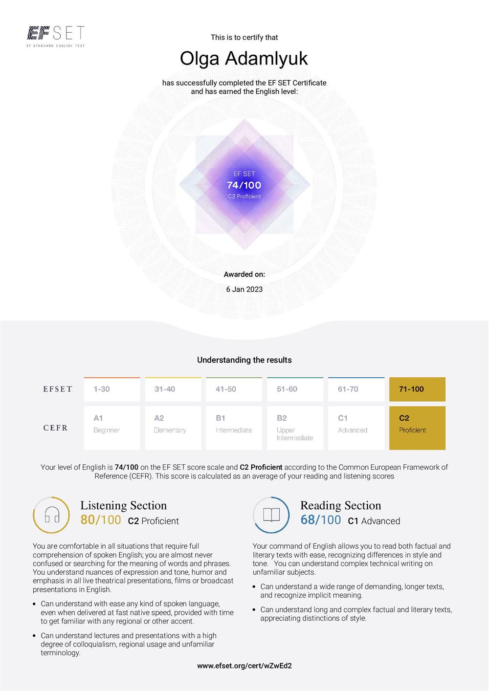 Сертификат EF SET Certificate подтверждает уровень владения английским языком C2 PROFICIENT