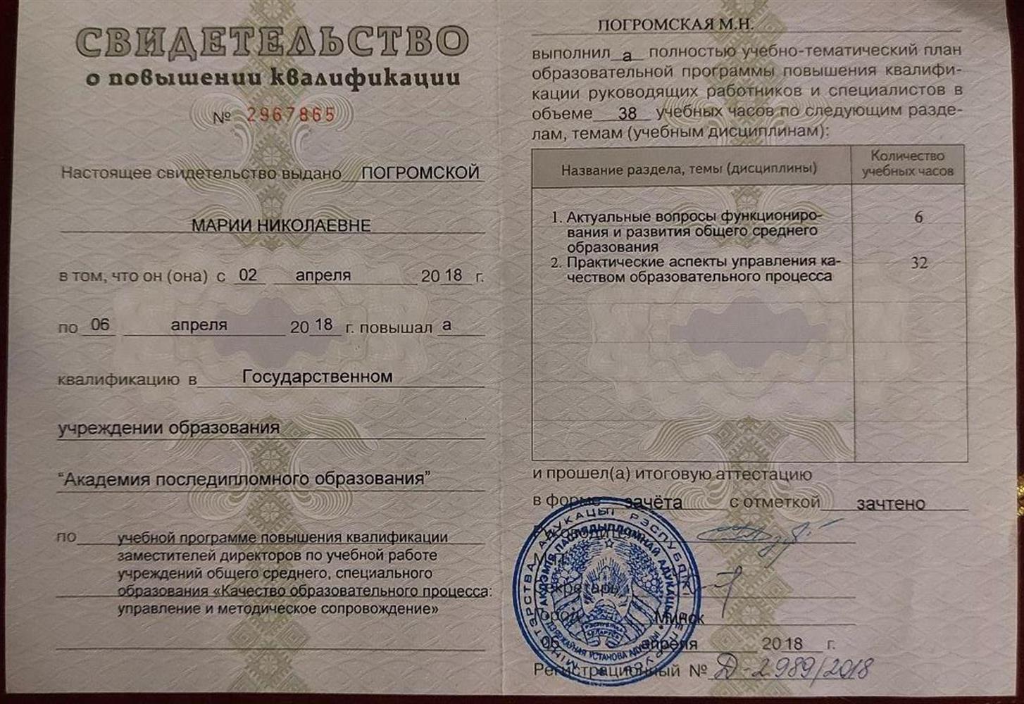 Свидетельство о повышении квалификации