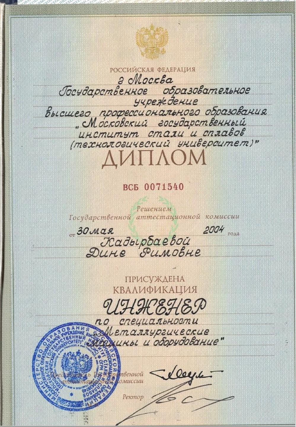 МИСиС, Диплом о высшем техническом образовании, Металлургические машины и оборудование, 2004