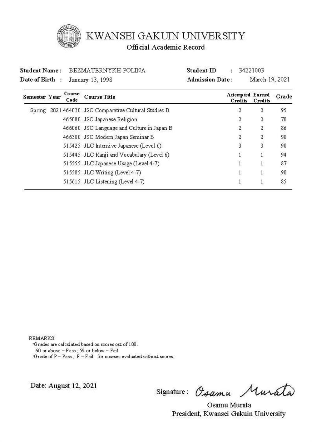 Kwansei Gakuin University Transcript