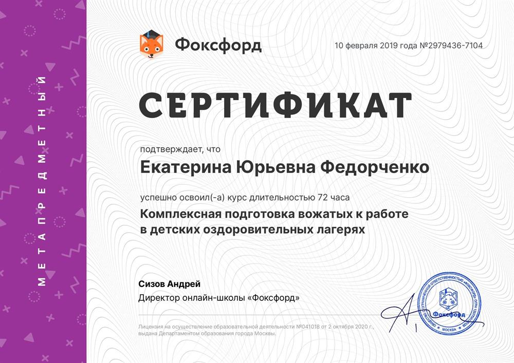 Сертификат о прохождении курса "Комплексная подготовка вожатых к работе в детских оздоровительных лагерях"