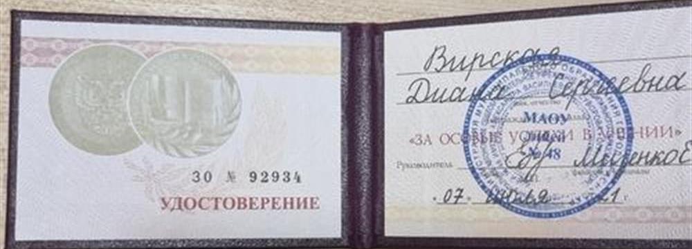 Удостоверение медали за "особые успехи в учении"
