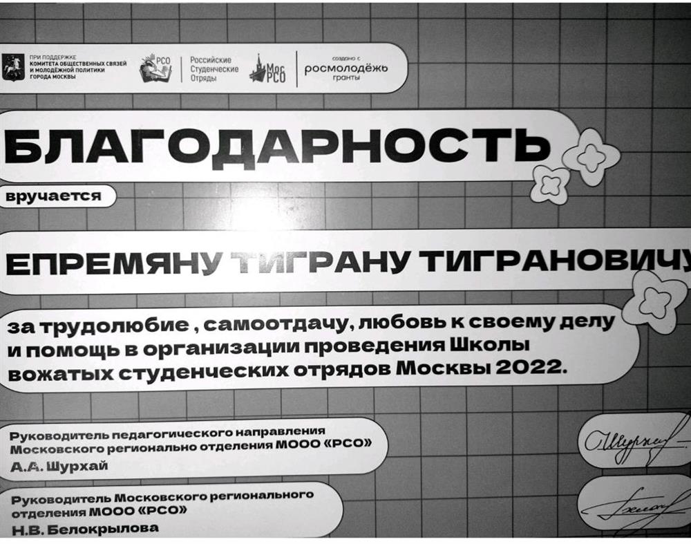 Благодарность за проведение школы вожатых 