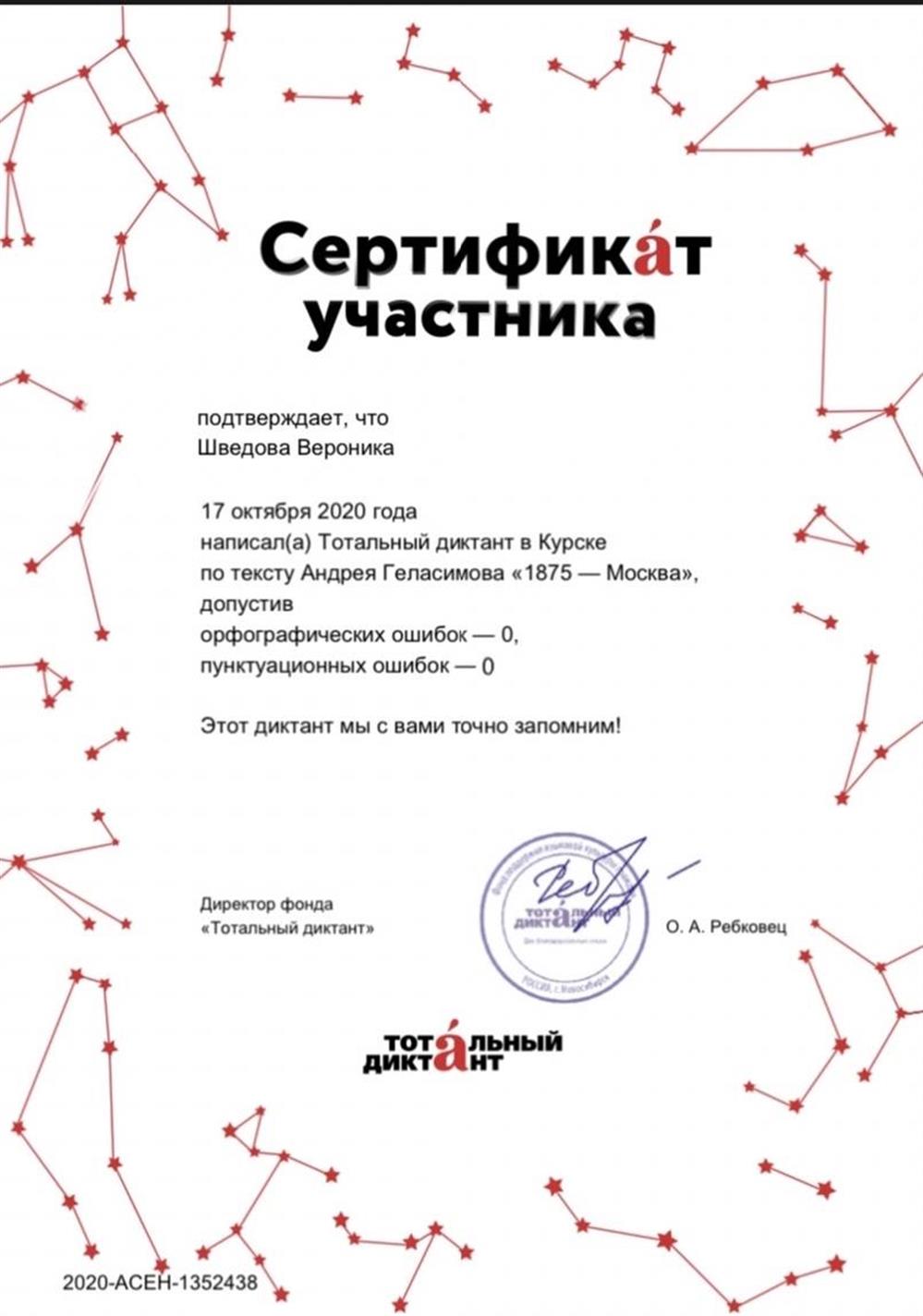 Сертификат участника тотального диктанта. Орфографических ошибок— 0, пунктуационных ошибок — 0