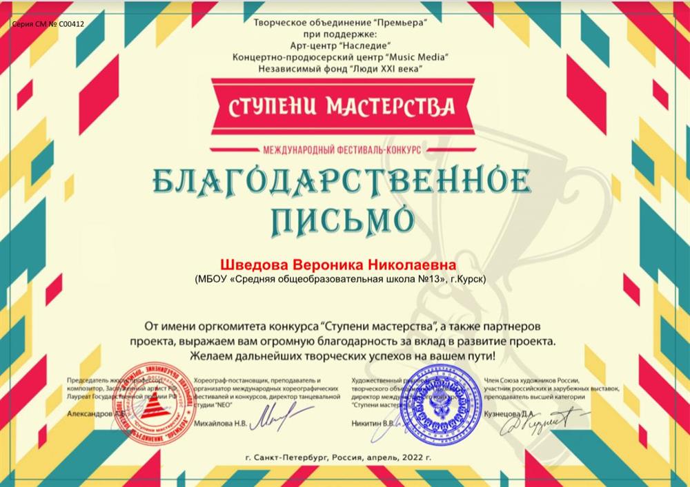 Благодарственное письмо за вклад в развитие проекта. 