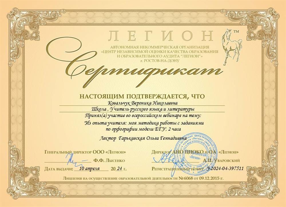 Сертификат. Методика работы с заданиями по орфографии ЕГЭ