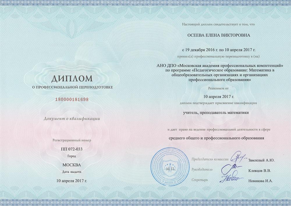 Диплом о профессиональной переподготовке.