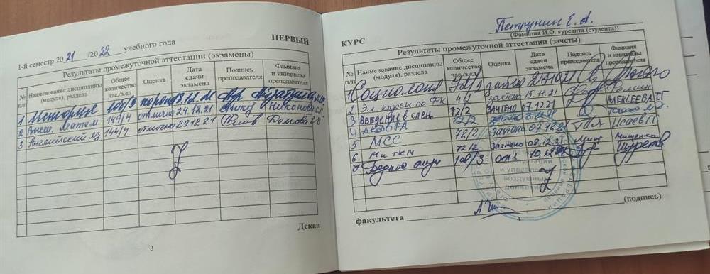 Зачётка (первый курс)