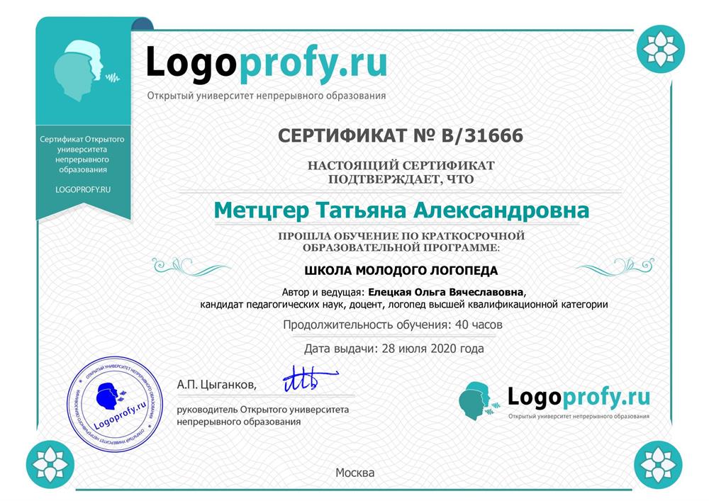 Диплом о прохождении "Школы молодого логопеда" (Елецкая О.)
