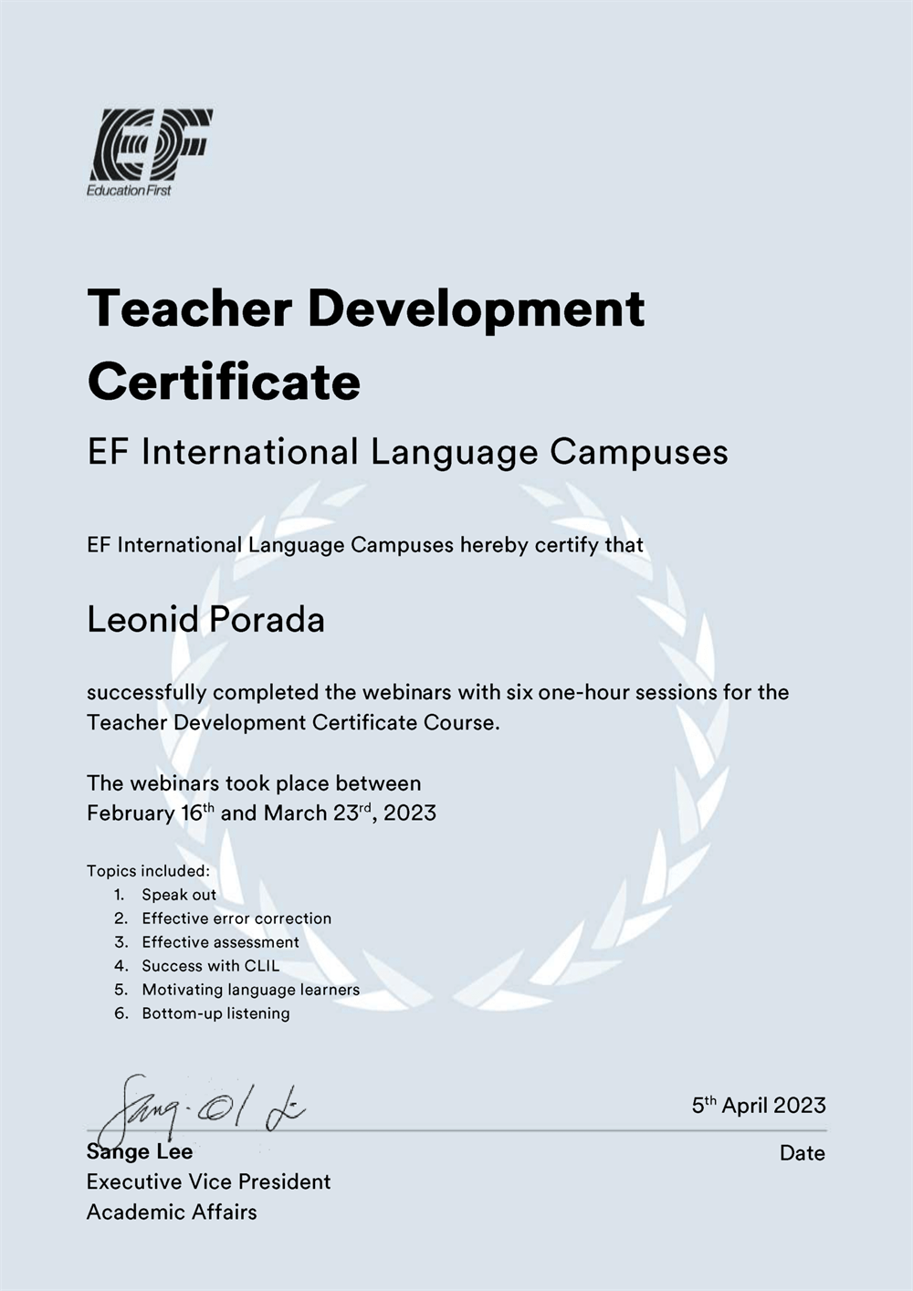  EF teacher development certificate