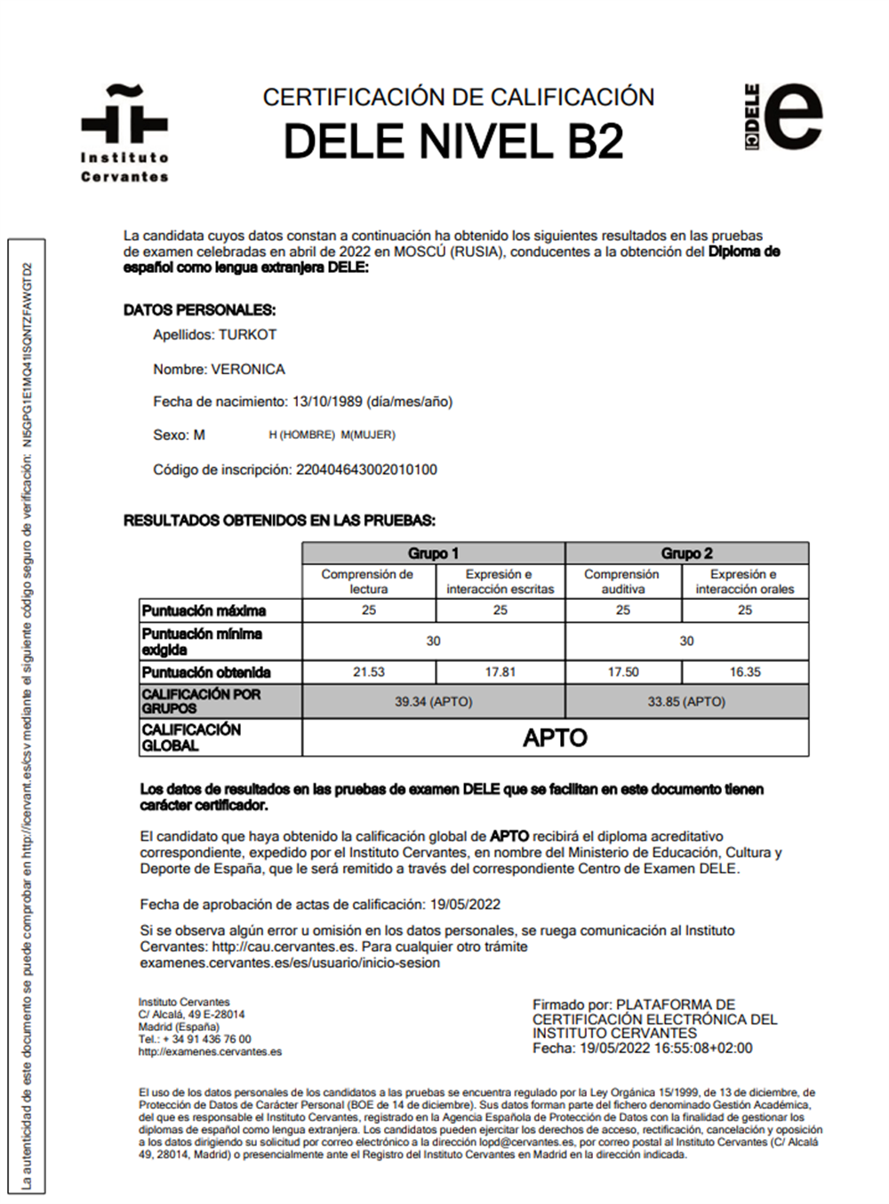 Diploma de Espanol como Lengua Extranjera, Nivel B2 (Instituto Cervantes)