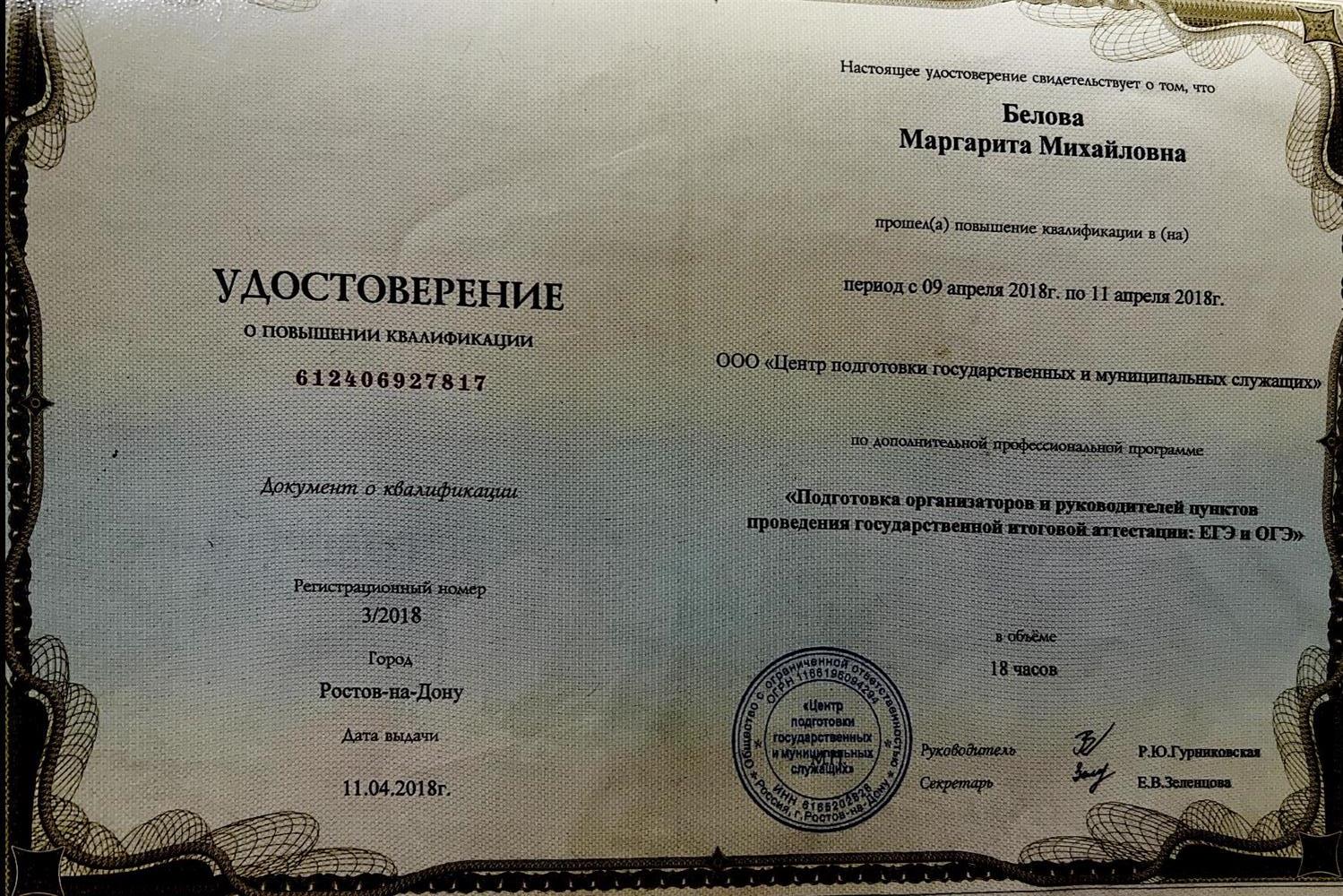 Удостоверение о повышении квалификации 