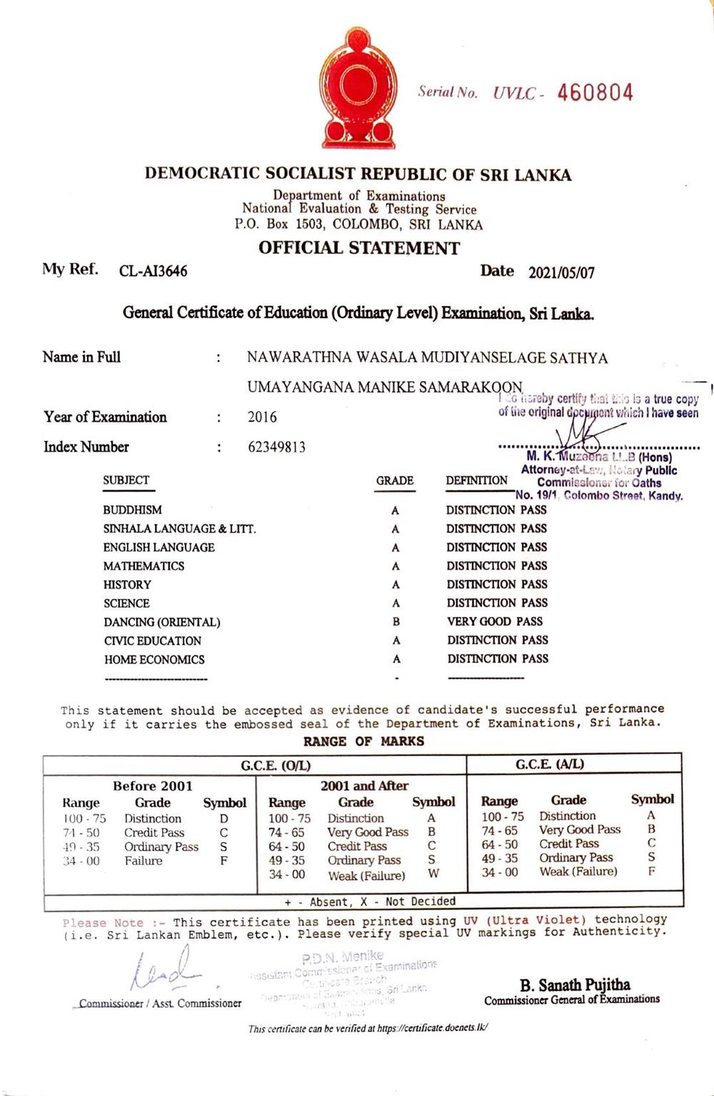 Ordinary level Exam Certificate with highest marks for Subjects including English Language