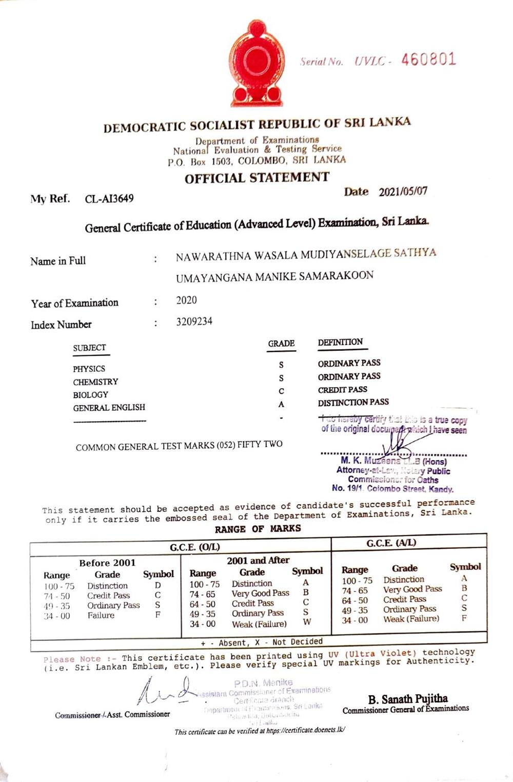 Advanced Level Exam Certificate with marks including English language