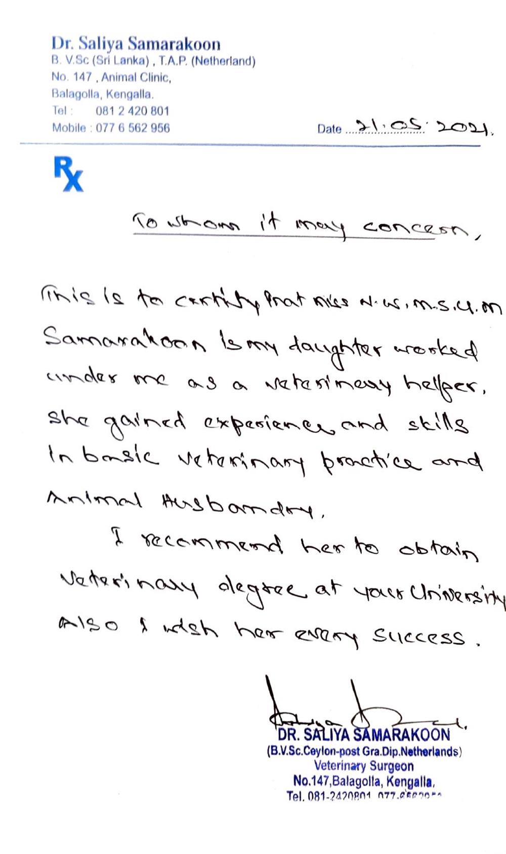 Recommendation letter foe practice as a Veterinary Assistant in English Language