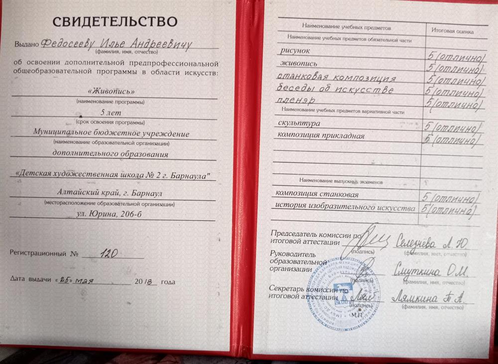 Свидетельство об освоении дополнительных предпрофессиональных общеобразовательных программ в области искусств 