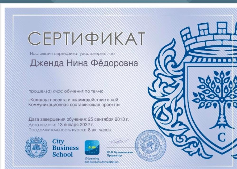 Сертификат  из программы МВА , Москва, 2013