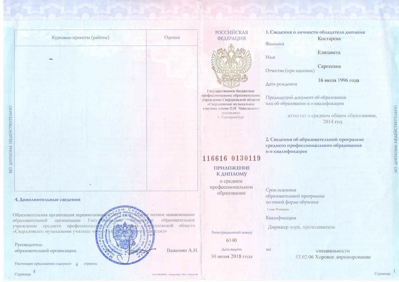 Диплом об окончании музыкального училища им. П.И. Чайковского (стр.2)