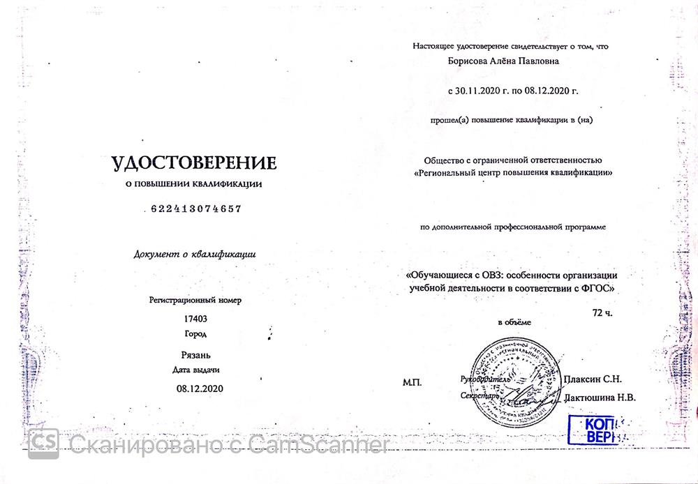 Удостоверение о повышении квалификации ( работа с детьми ОВЗ)