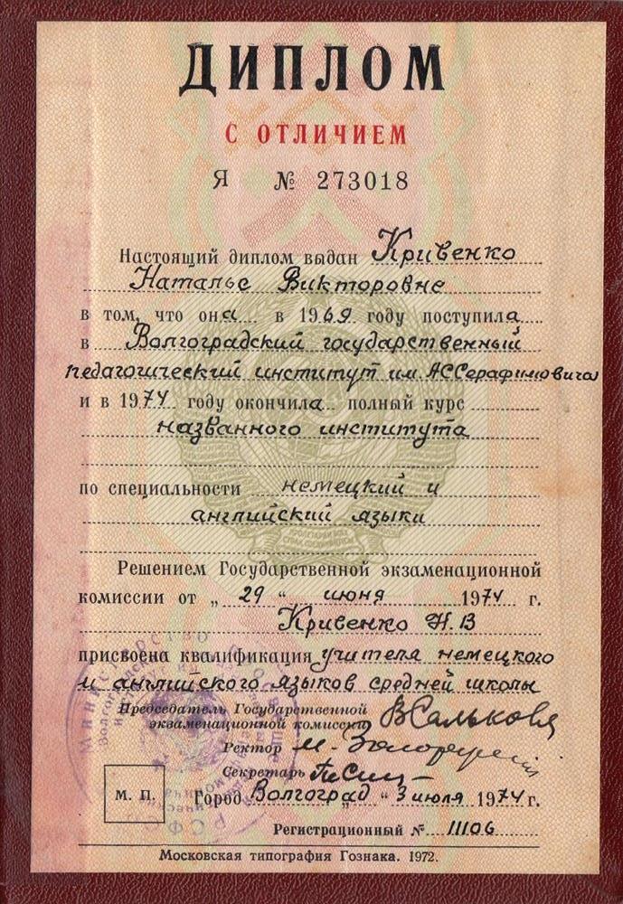 Диплом об окончании вуза Кривенко Н.В.
