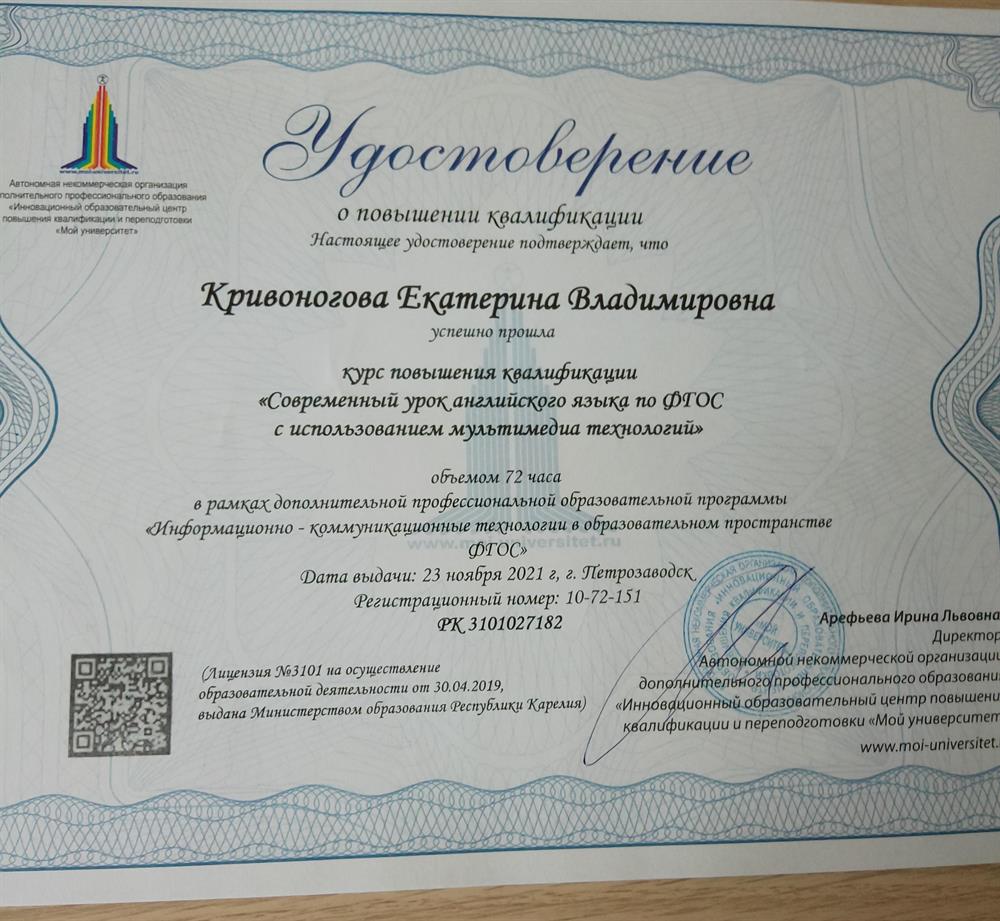 Повышение квалификации "Современный урок английского языка с использованием мультимедиа технологий"