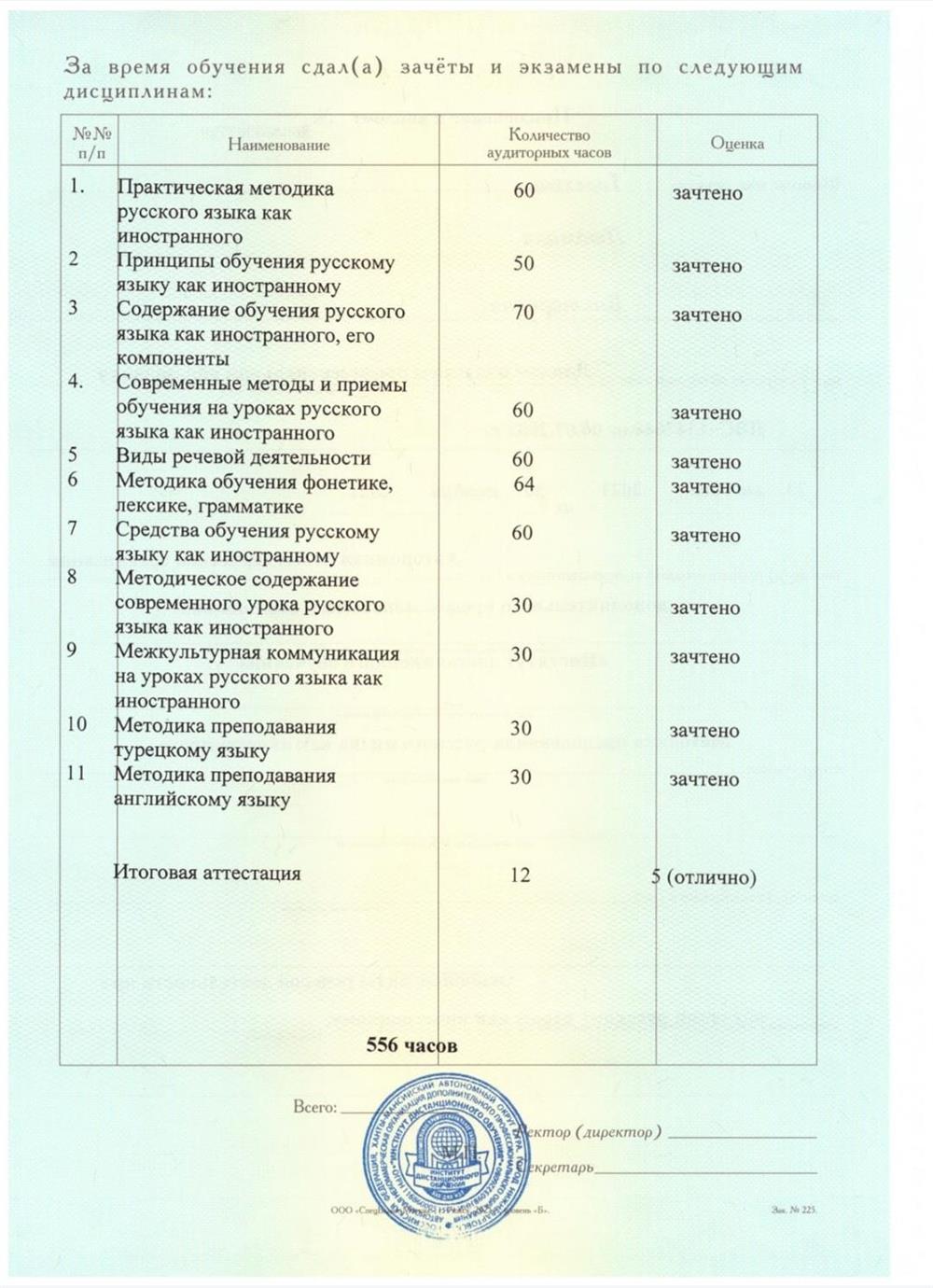 Диплом об окончания Университета,, Методика преподавания РКИ и турецкого языков,, 