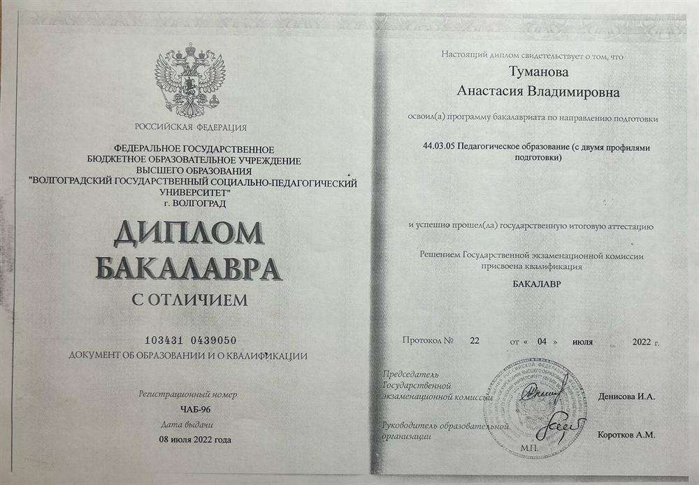Диплом бакалавра (с отличием)