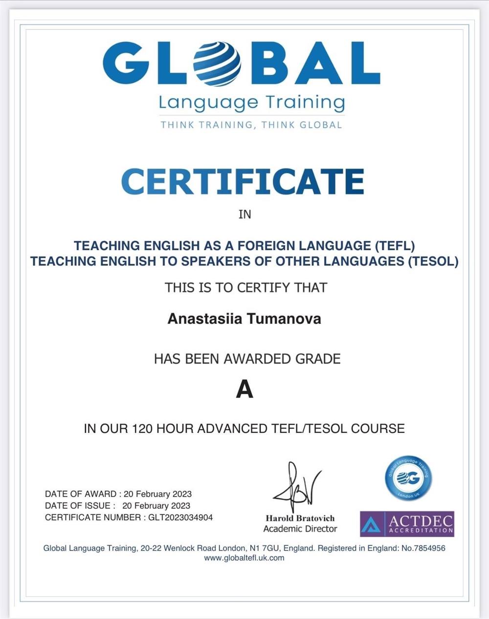 Certificate "TEFL/TESOL"