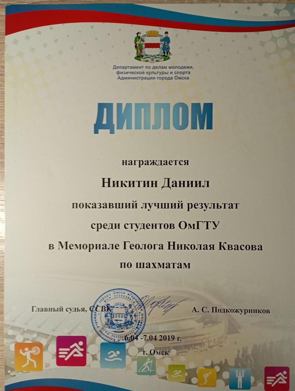 Диплом за результат в турнире