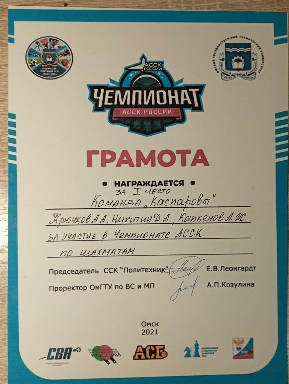 Грамота за победу в турнире в составе команды