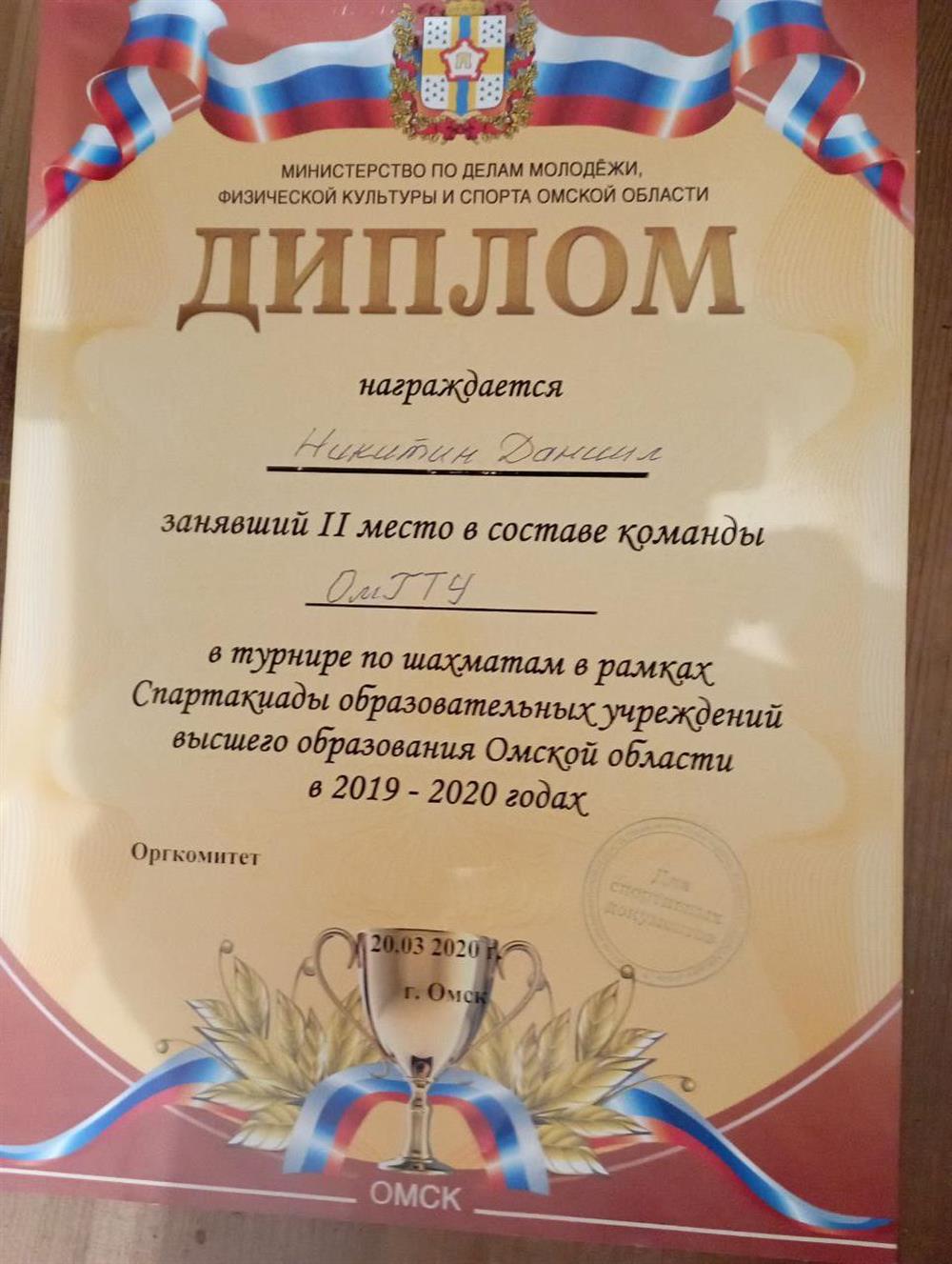 Диплом за 2 место в турнире в составе команды