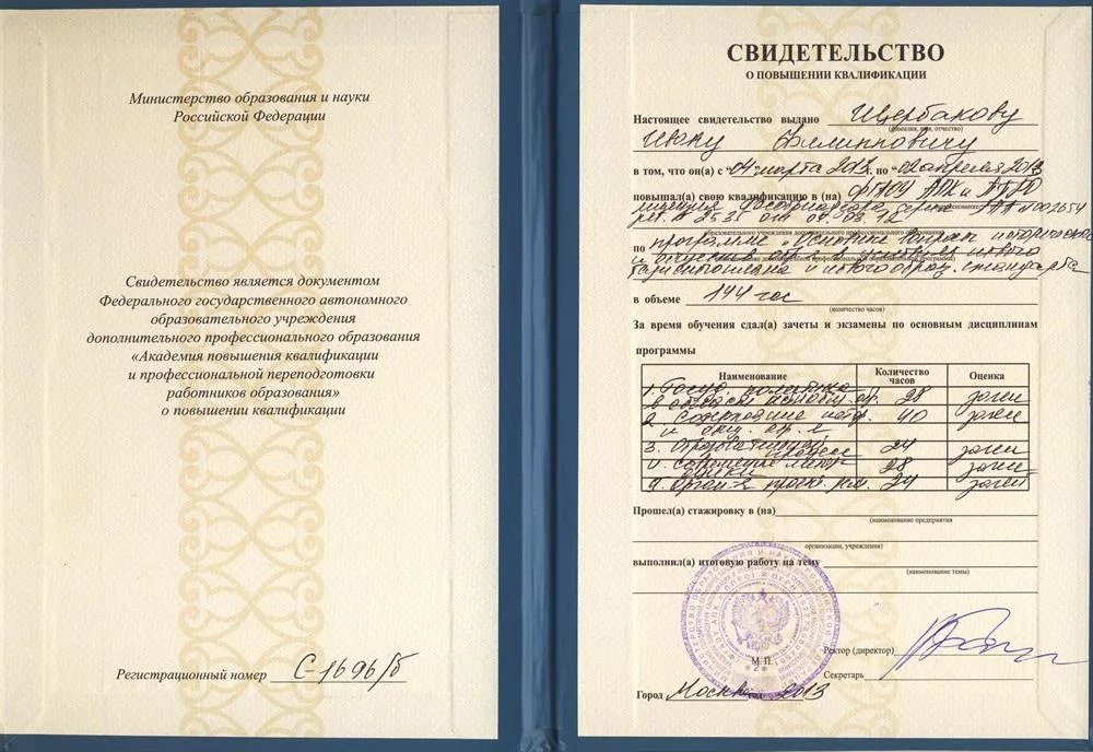 Свидетельство: Повышение квалификации по истории