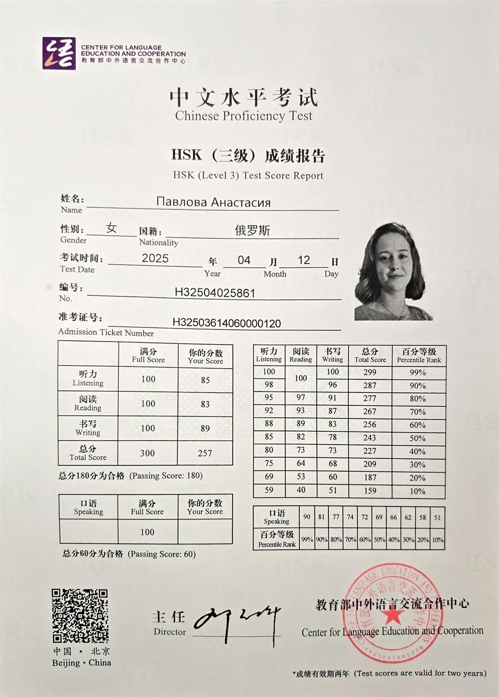 Сертификат международного экзамена HSK по китайскому языку 