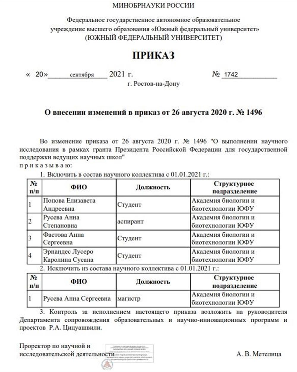 Приказ на участие в гранте 2020