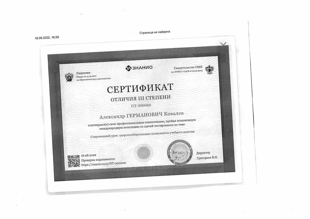 Сертификат отличия 3 степени Современный урок: здоровьесберегающие компоненты учебного занятия

