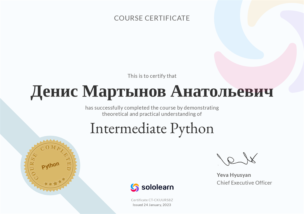 пройденный курс на sololearn