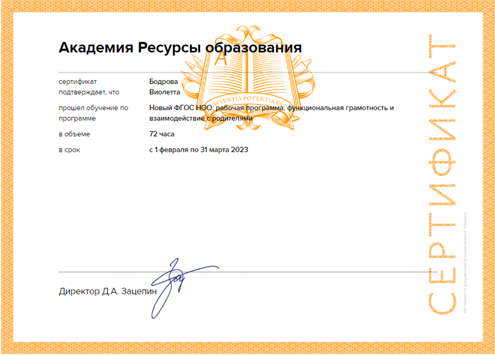 Сертификат о профессиональной переподготовке Новый ФГОС НОО 