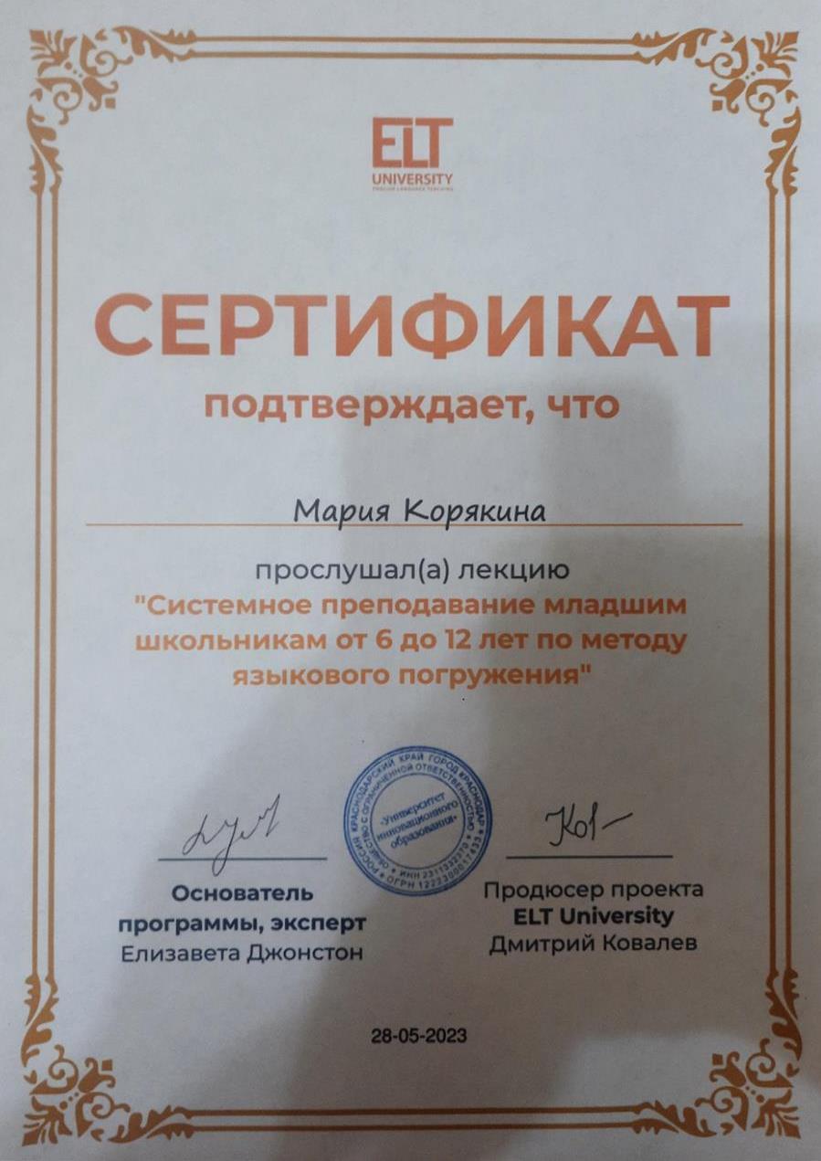 Сертификат. Системное преподавание младшим школьникам
